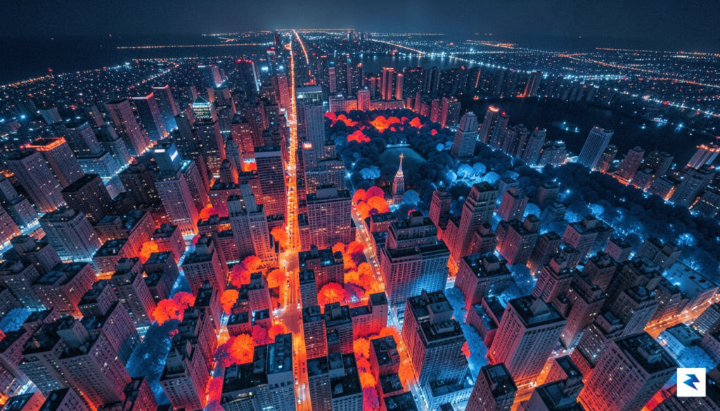 An aerial thermal infrared photograph of Manhattan at night, showing&hellip;