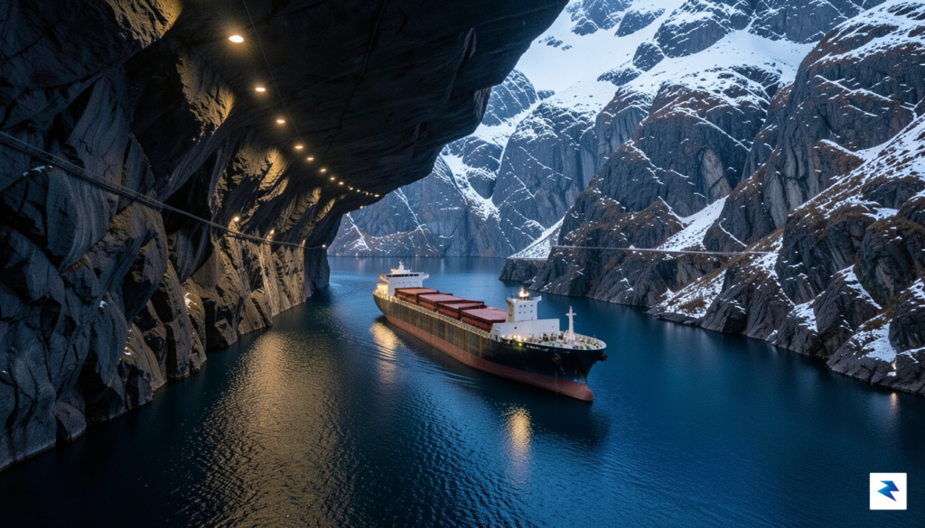 A wide-angle aerial shot of a modern cargo ship gliding&hellip;