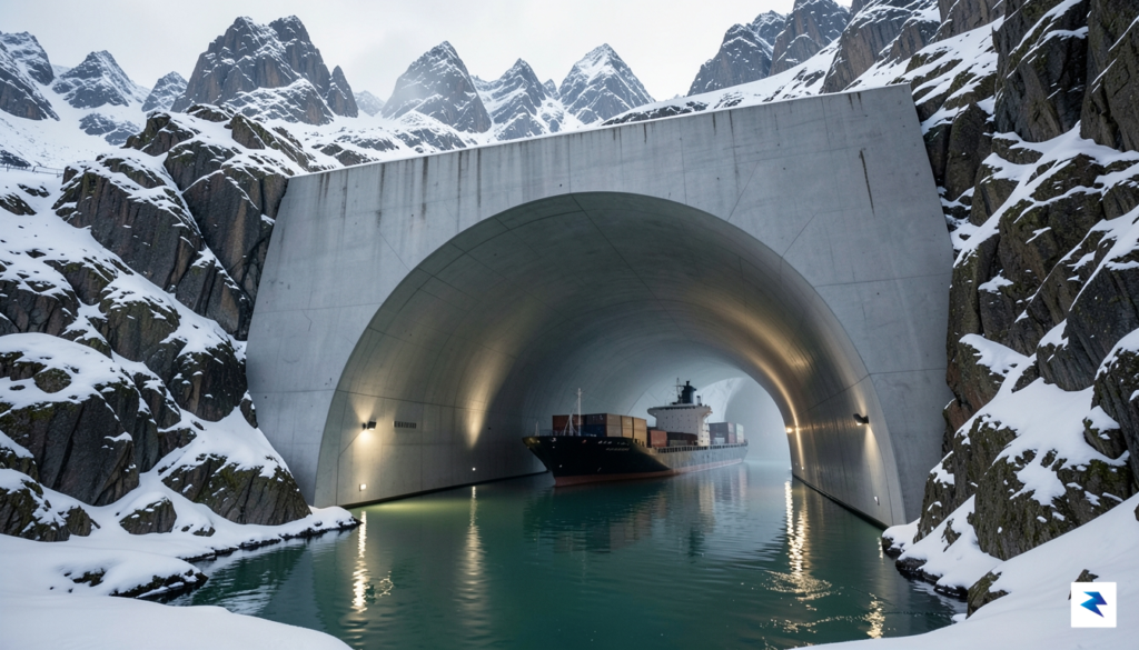 A wide-angle architectural rendering showing a massive tunnel entrance carved&hellip;