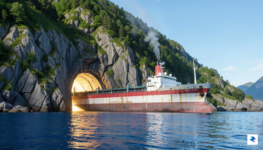 An artist's rendering of a large cargo ship exiting a&hellip;