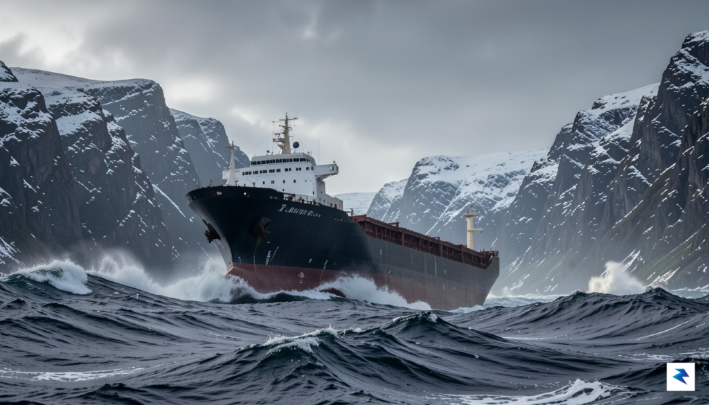 A dramatic wide-angle shot of a cargo ship battling massive,&hellip;