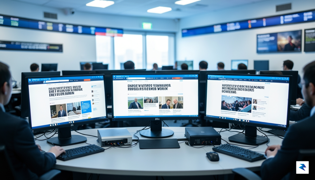 A digital newsroom environment with multiple glowing computer monitors showing&hellip;