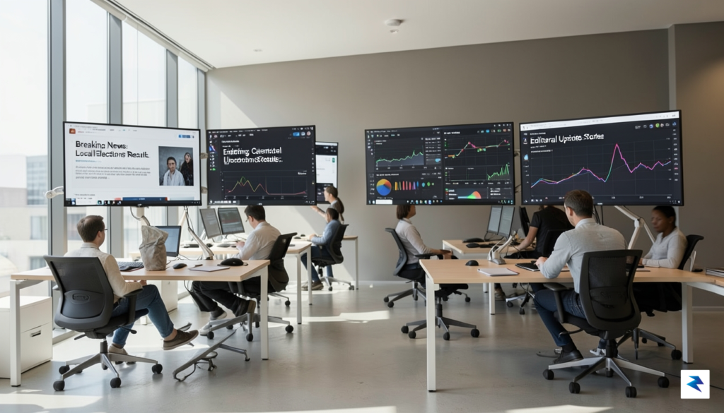 A modern, minimalist digital newsroom office space with multiple screens&hellip;