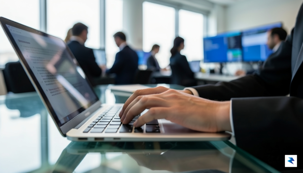 A close-up, high-quality photograph of a journalist&rsquo;s hands typing on&hellip;