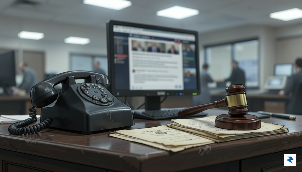 A conceptual digital illustration showing a newsroom desk with a&hellip;