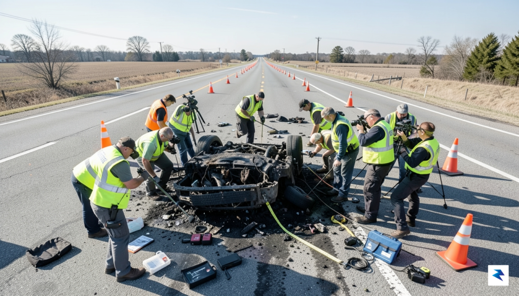 A wide-angle photograph showing NTSB investigators in high-visibility vests examining&hellip;