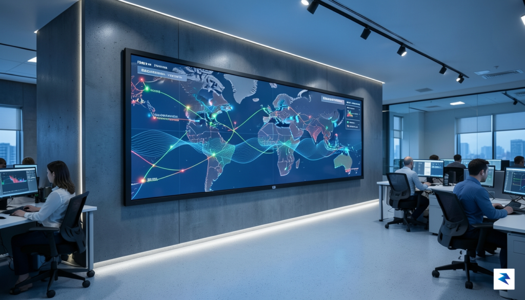 A modern, high-tech command center showing global oil tanker transit&hellip;