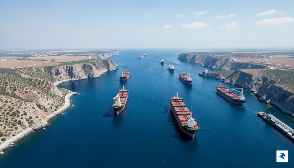 A wide-angle aerial view of the Strait of Hormuz showing&hellip;