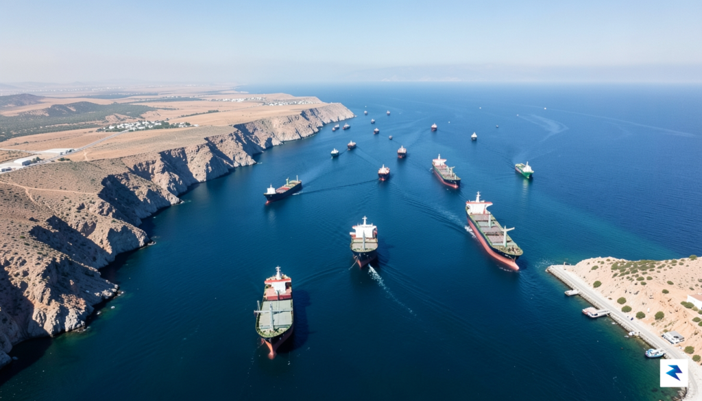 An aerial view of the Strait of Hormuz showing tanker&hellip;