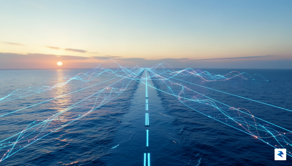 A conceptual digital art piece showing a calm, blue ocean&hellip;