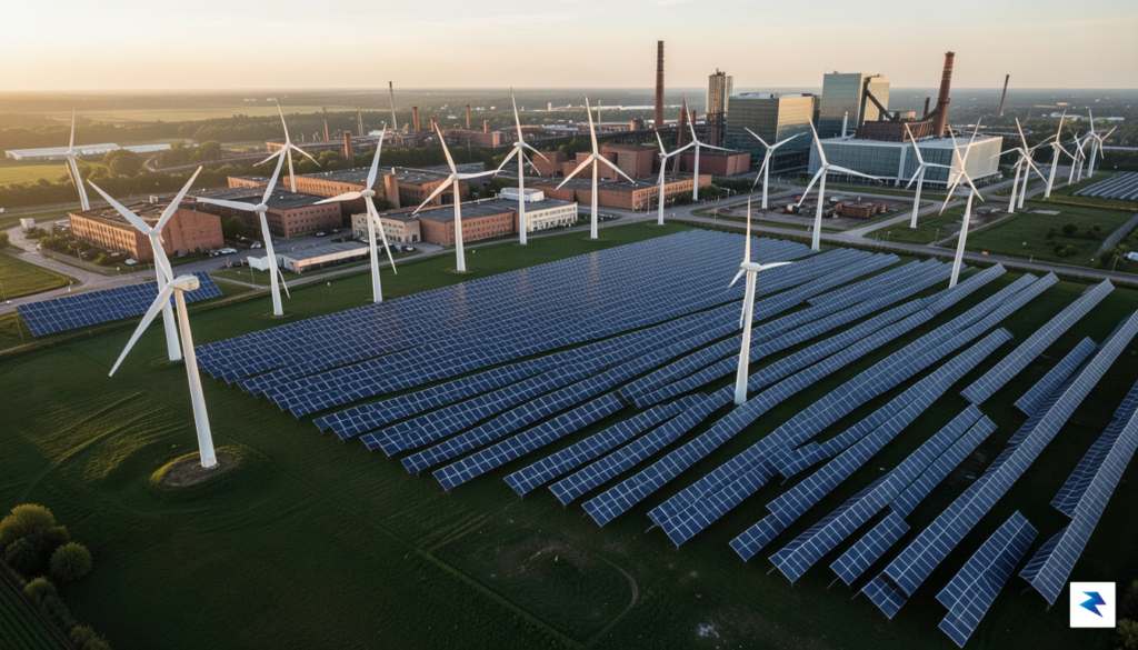 A modern, high-angle view of a sprawling wind farm integrated&hellip;
