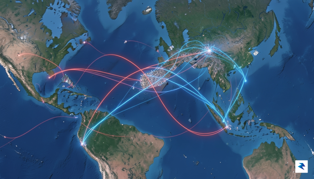 A digital visualization showing a global map with glowing trade&hellip;