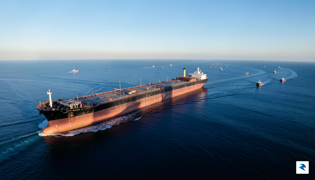 An aerial wide-angle shot of a massive oil tanker navigating&hellip;