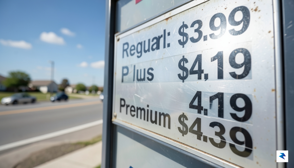 A close-up shot of a gas station price board showing&hellip;