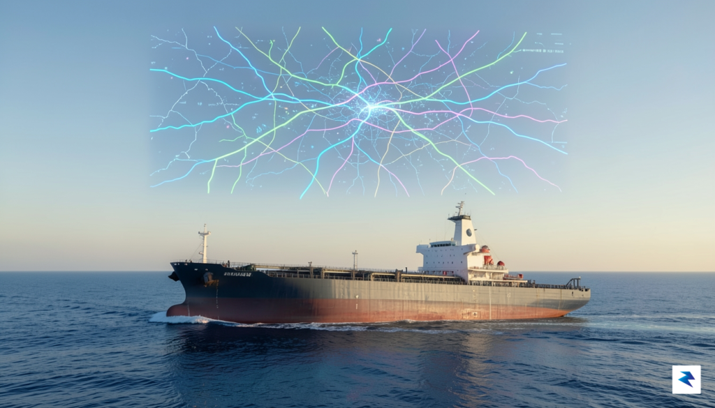 A wide-angle digital illustration showing a large oil tanker navigating&hellip;