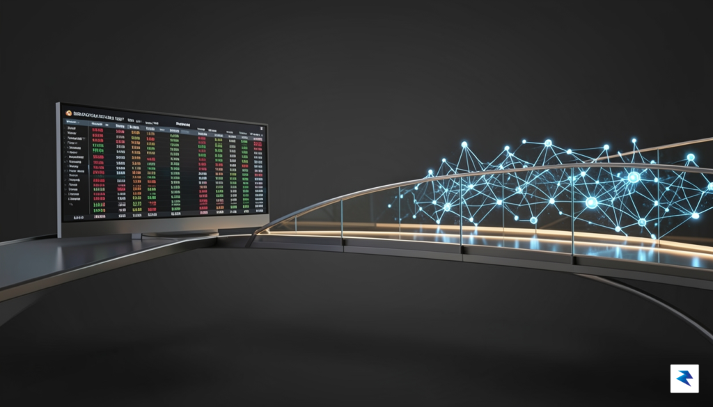 A sleek, professional digital graphic showing a bridge connecting a…