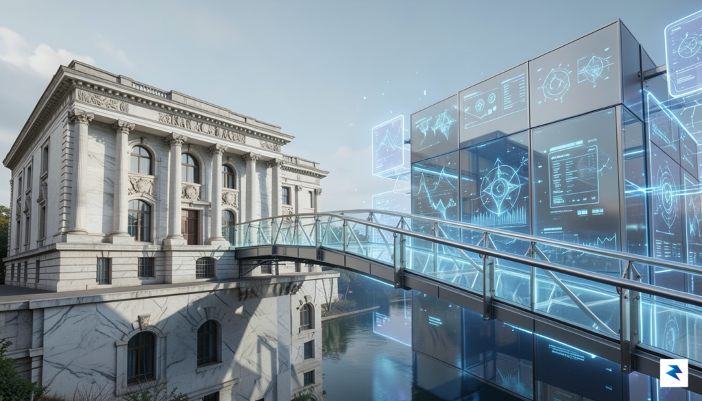 A conceptual illustration showing a modern, glass-walled bridge connecting a…