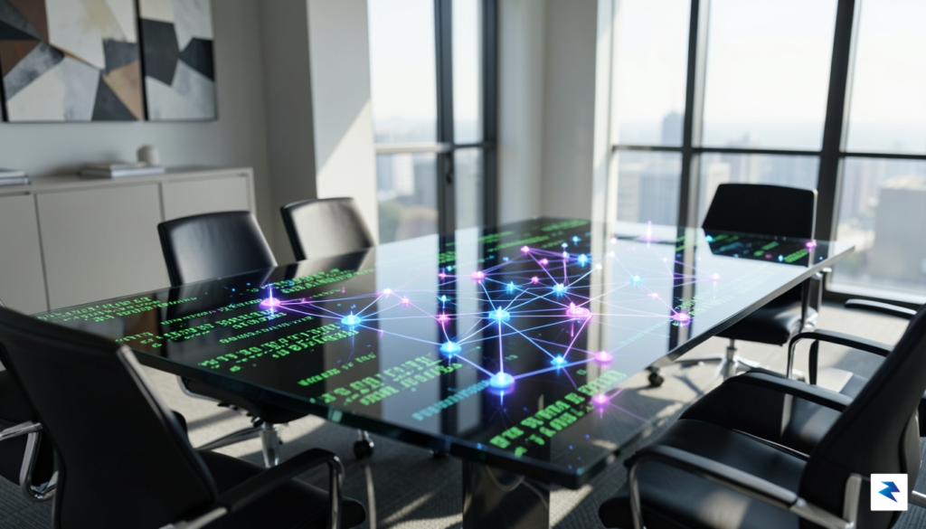 A modern, high-tech boardroom table featuring a seamless blend of…