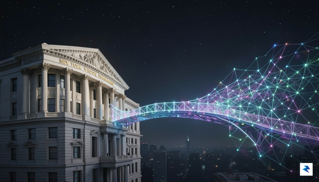 A conceptual digital art piece showing a bridge connecting a…