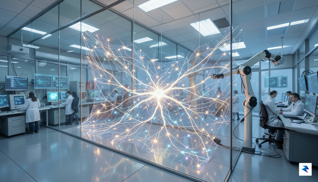 A conceptual digital art piece showing a massive, glowing AI&hellip;