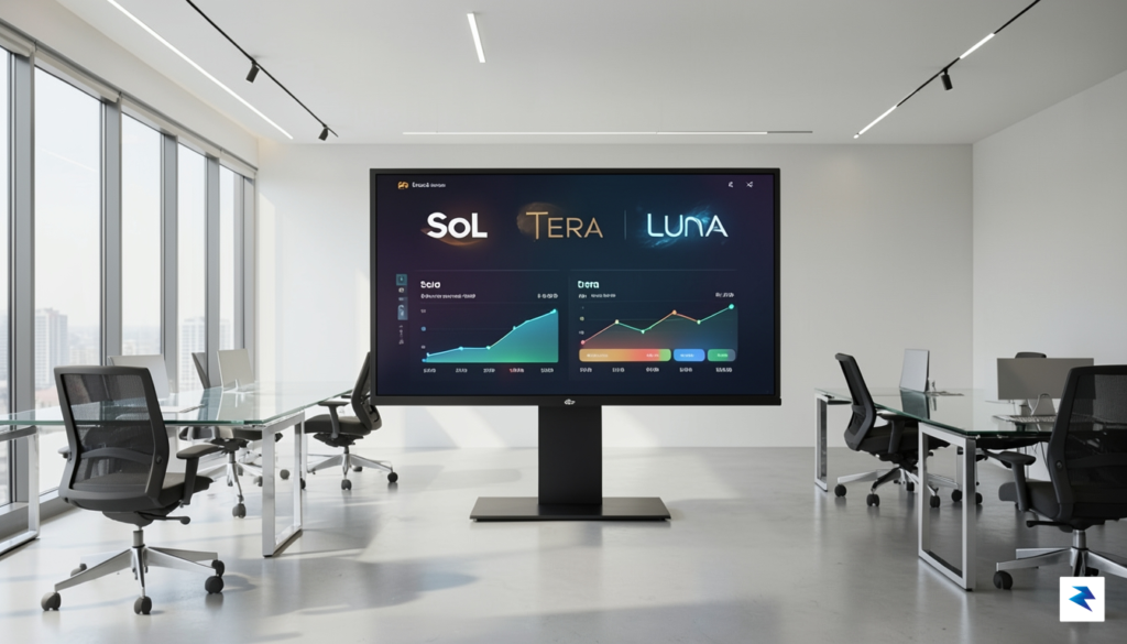 A modern, sleek office environment featuring a data dashboard on&hellip;