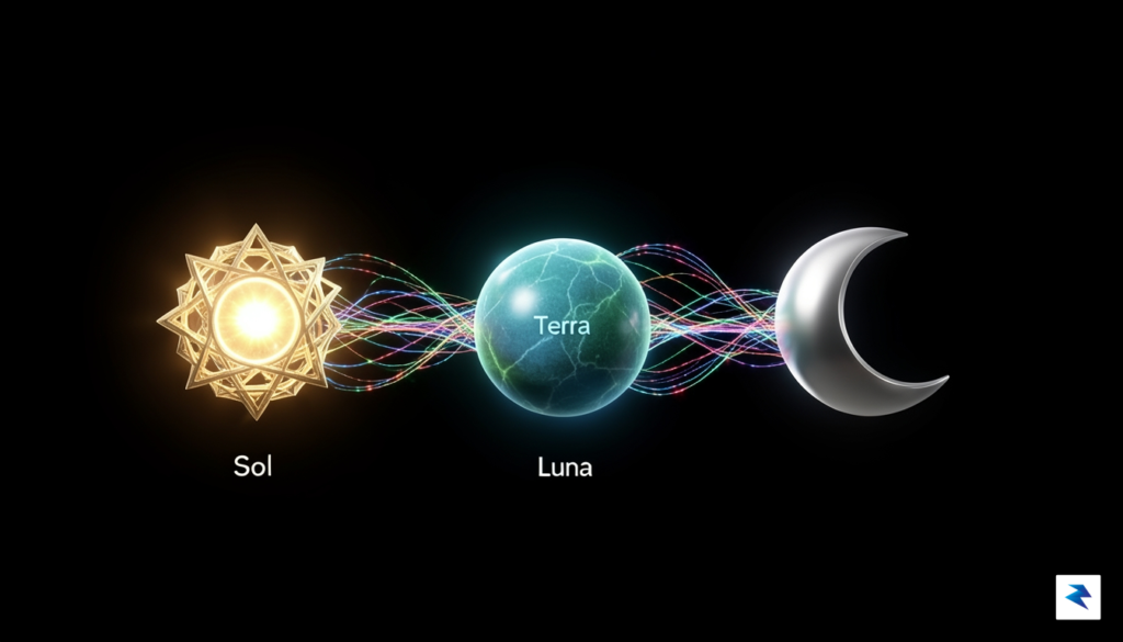 A sleek, futuristic digital visualization showing three distinct glowing nodes&hellip;