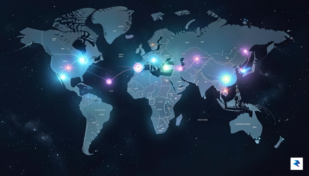 A stylized world map with glowing nodes representing AI innovation&hellip;