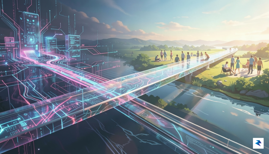 An abstract depiction of a bridge connecting two distinct landscapes,&hellip;