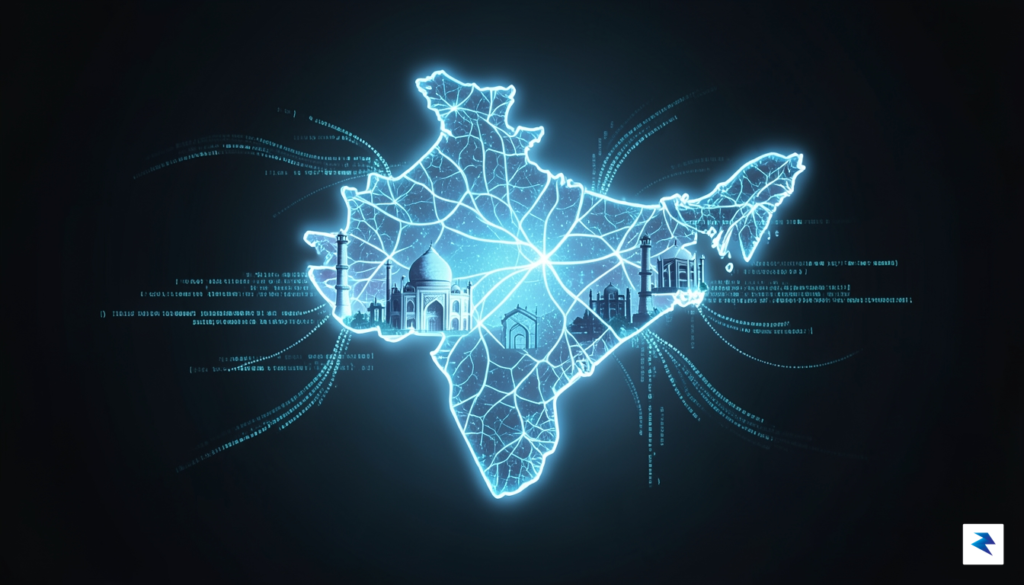 A conceptual illustration showing a digital map of India glowing&hellip;