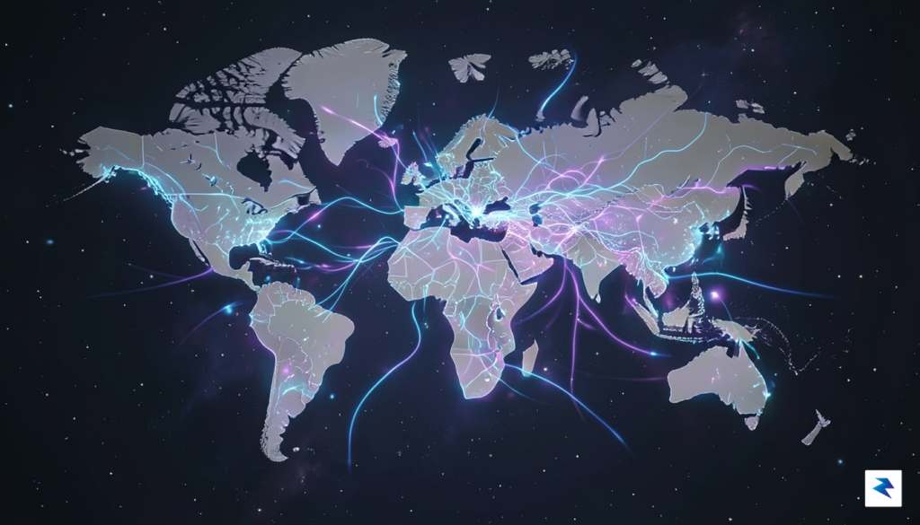 An abstract digital map of the world with glowing neural&hellip;