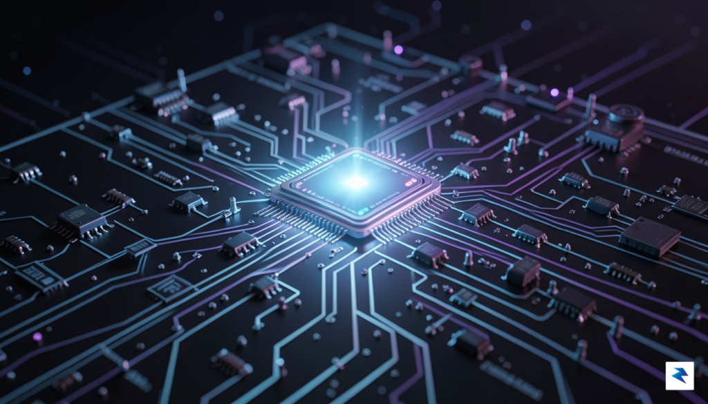 A conceptual digital illustration of a sleek, glowing microchip embedded&hellip;