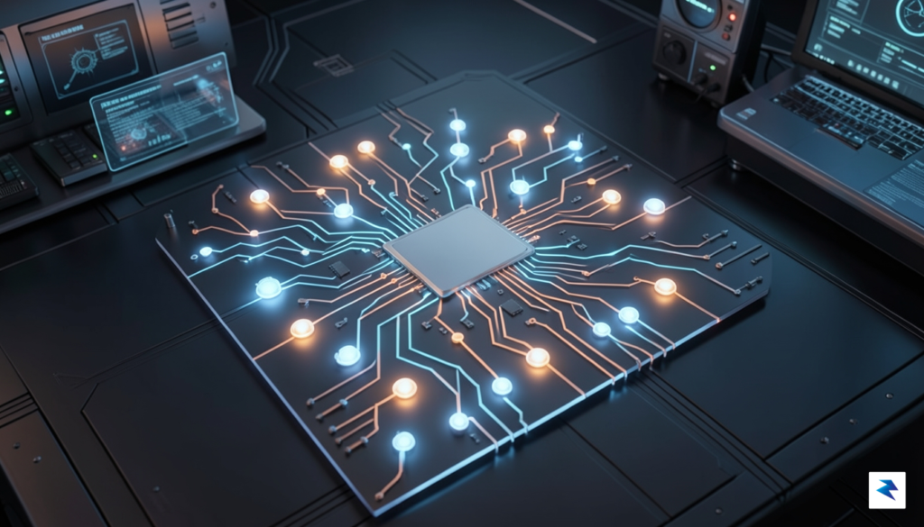 A conceptual, futuristic render of a glowing, abstract silicon chip&hellip;