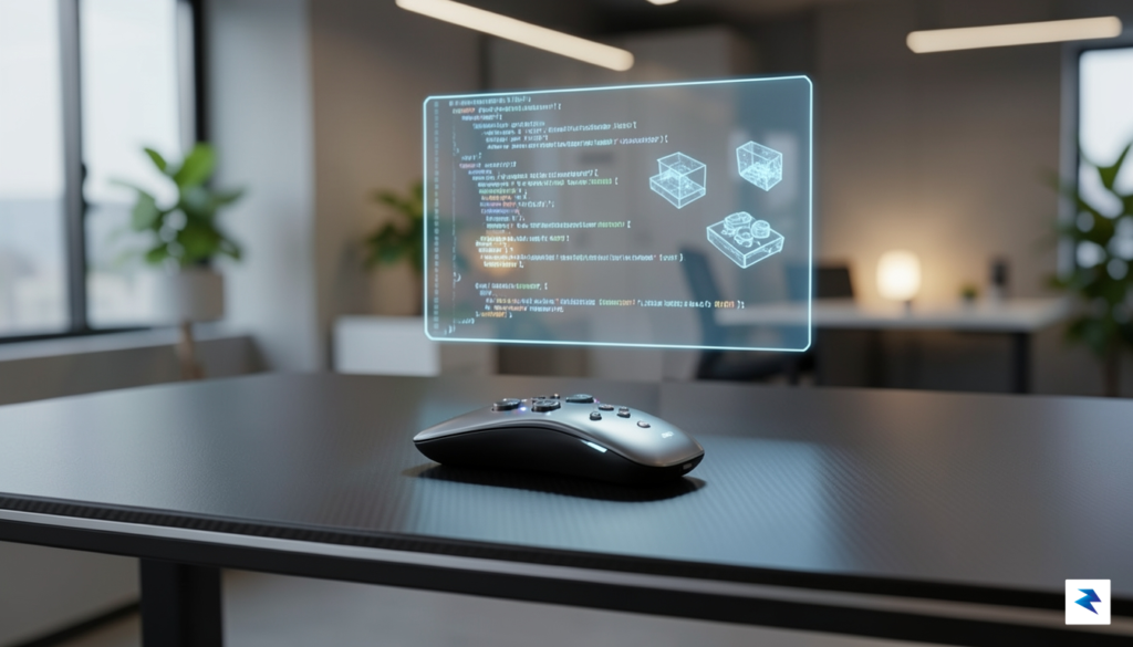 A sleek, minimalist desk setup featuring a futuristic haptic controller&hellip;