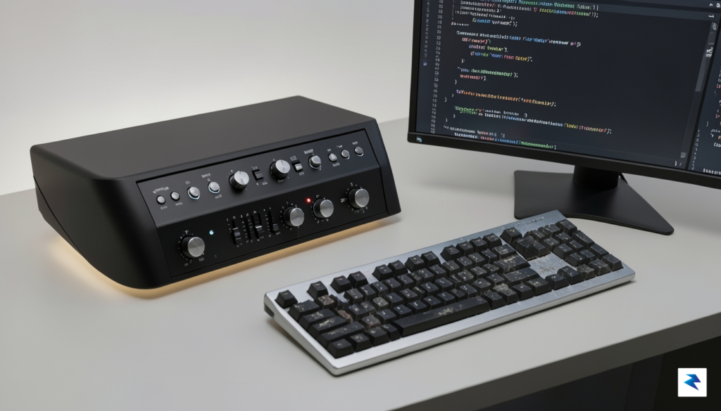 A sleek, minimalist desktop setup featuring a futuristic, dedicated hardware&hellip;