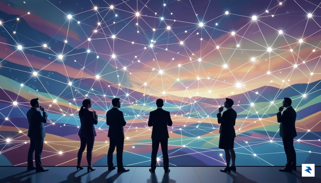 A conceptual digital illustration showing a vast, interconnected digital landscape&hellip;