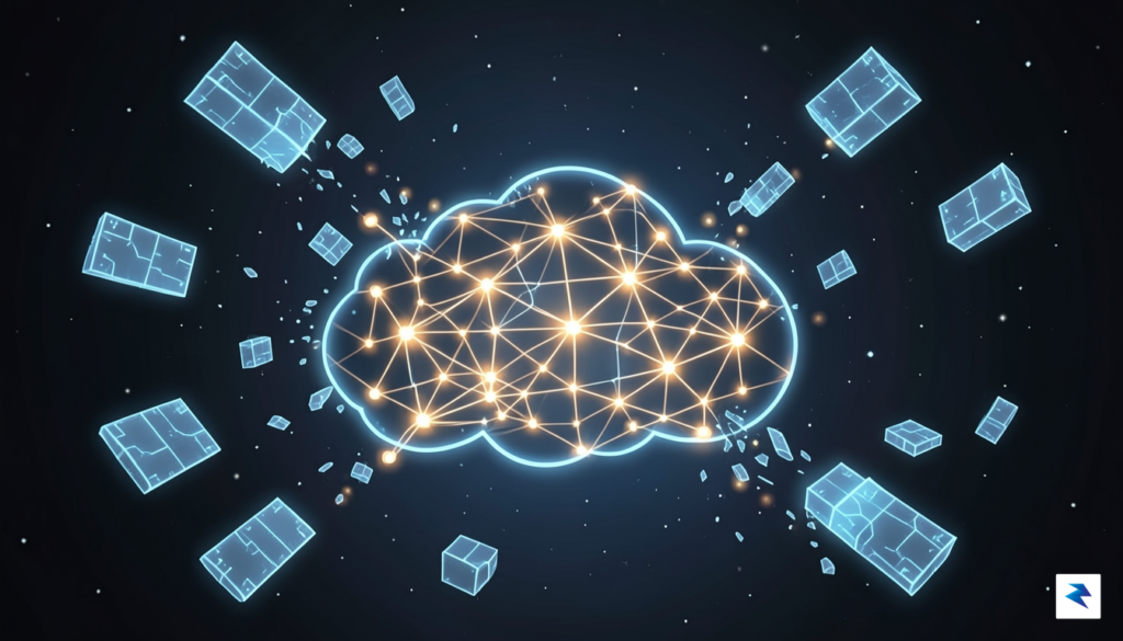A conceptual illustration of a futuristic, glowing digital cloud infrastructure&hellip;