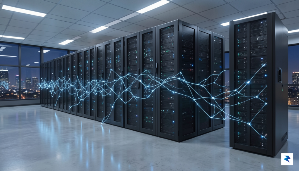 A modern, sleek data center floor with glowing server racks&hellip;