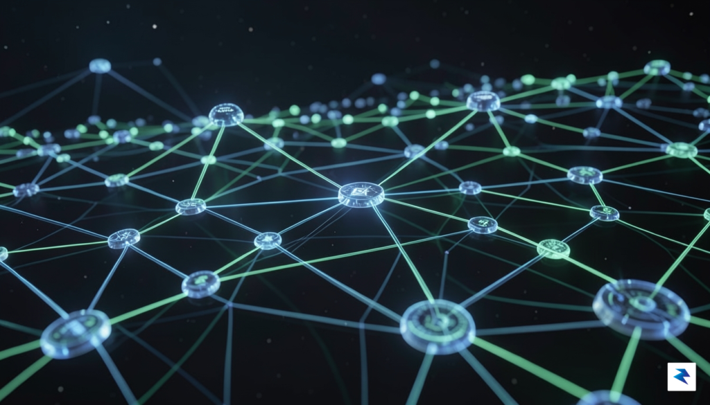 A sophisticated data visualization showing a digital landscape of interconnected&hellip;