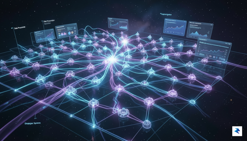 A conceptual digital landscape showing a glowing, multi-layered grid of&hellip;