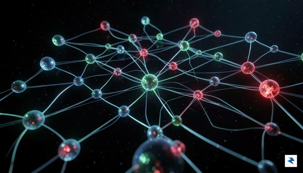 A conceptual digital visualization showing a complex, interconnected web of&hellip;