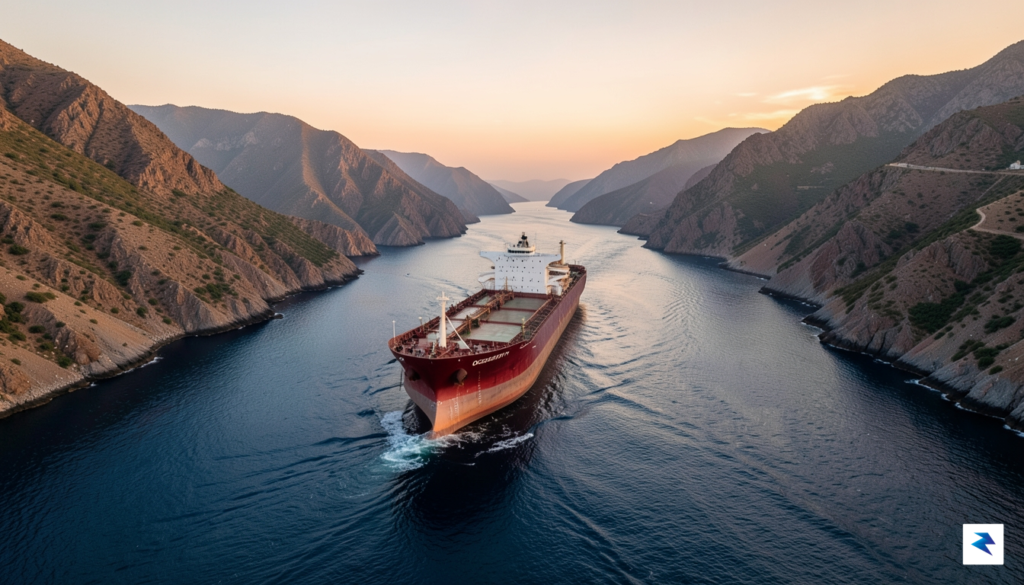 A wide-angle, cinematic aerial shot of a massive oil tanker&hellip;