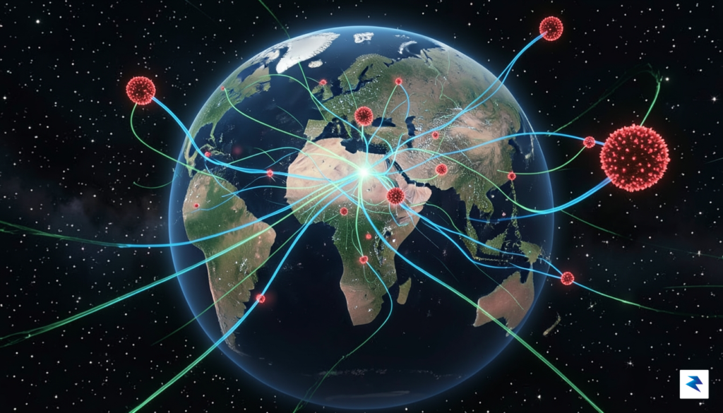 A complex digital visualization of glowing global energy trade routes&hellip;