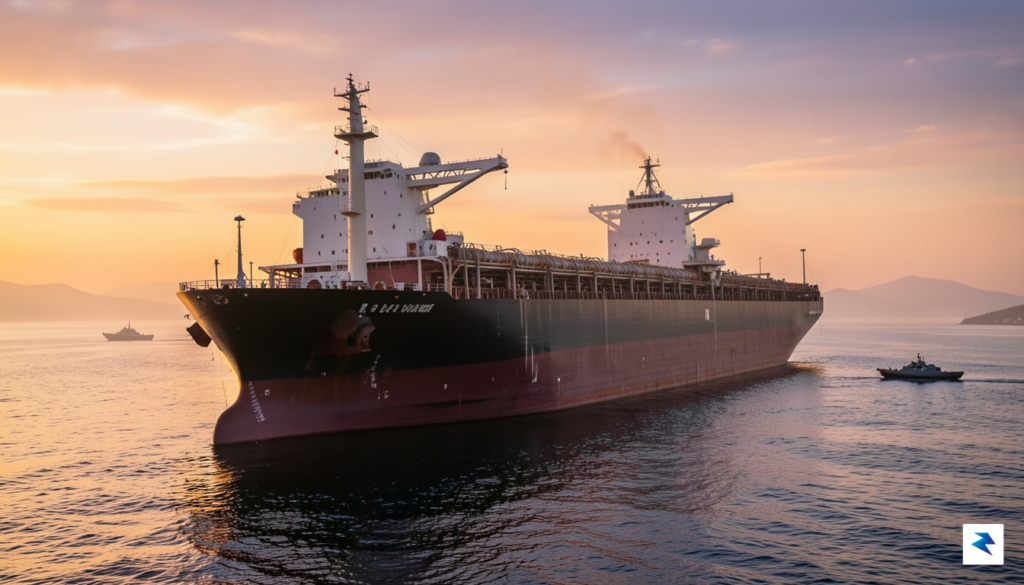 A wide-angle shot of a massive oil tanker navigating the&hellip;