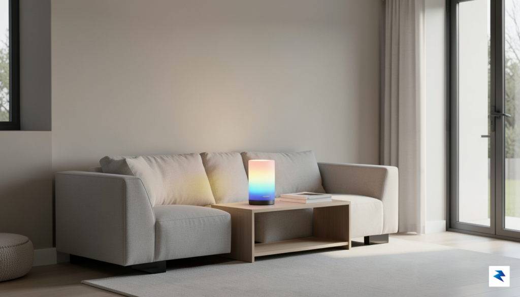 A modern, minimalist living room featuring a Philips Hue Play&hellip;