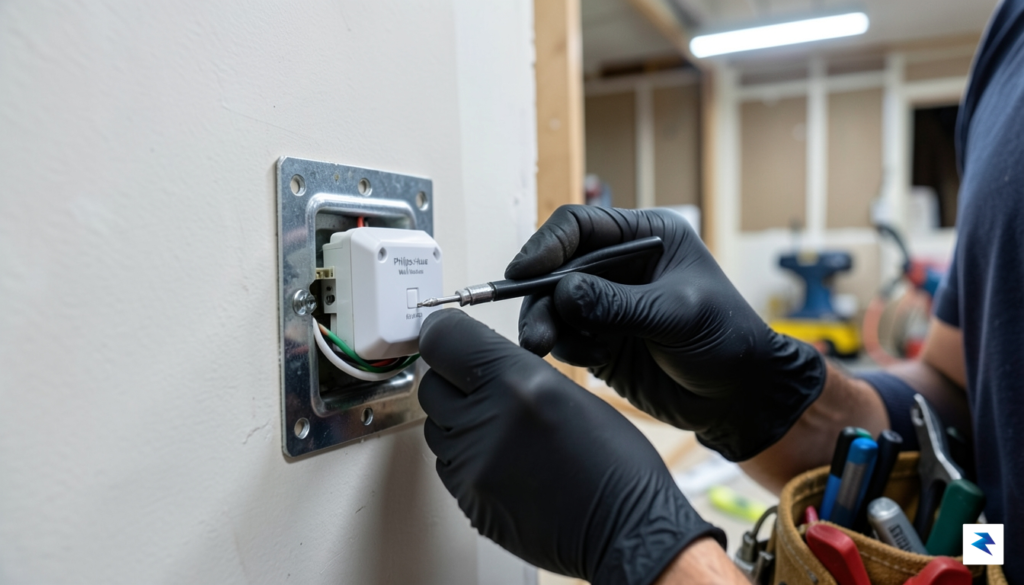 A clean, technical close-up photograph of a professional electrician installing&hellip;