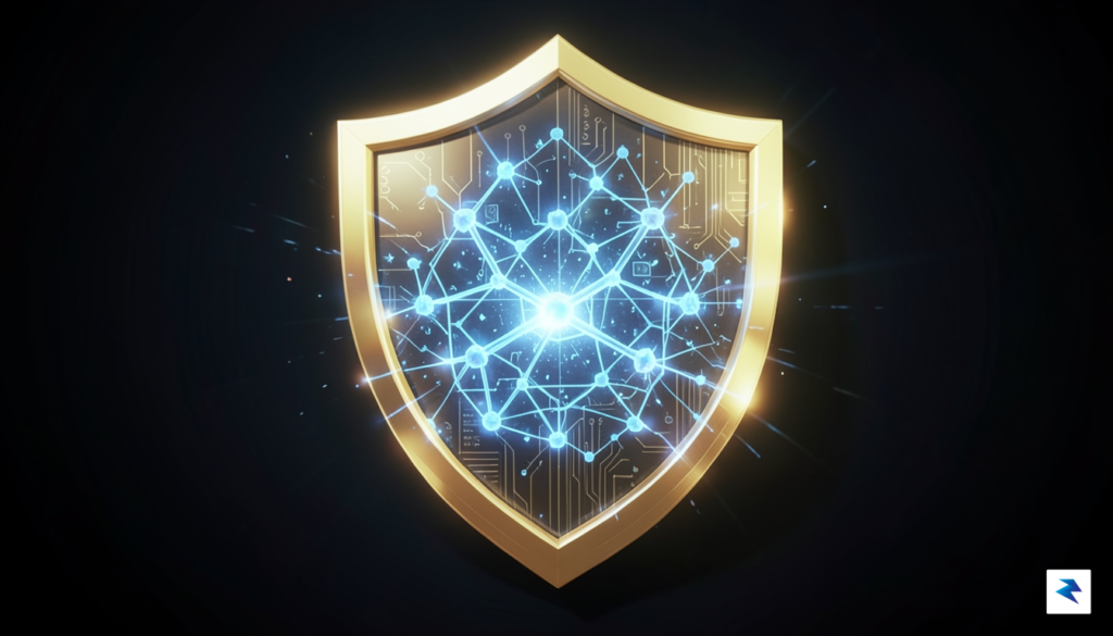 A conceptual digital art piece showing a glowing, complex blockchain&hellip;