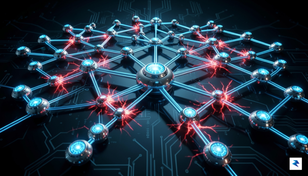 A digital visualization of a glowing blockchain network with red&hellip;