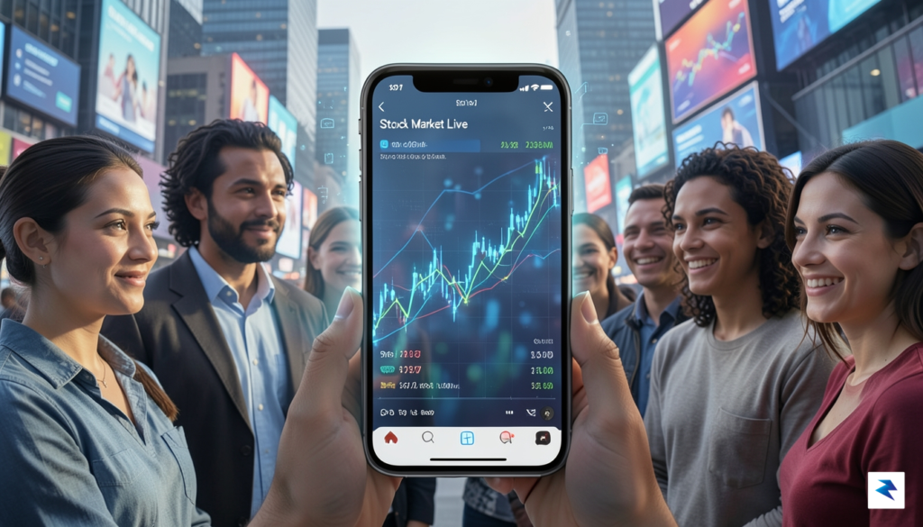 A modern digital illustration showing a glowing, holographic stock market&hellip;