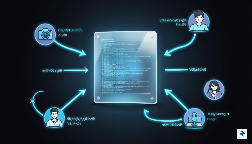 A digital conceptual illustration showing a transparent glass blockchain ledger&hellip;