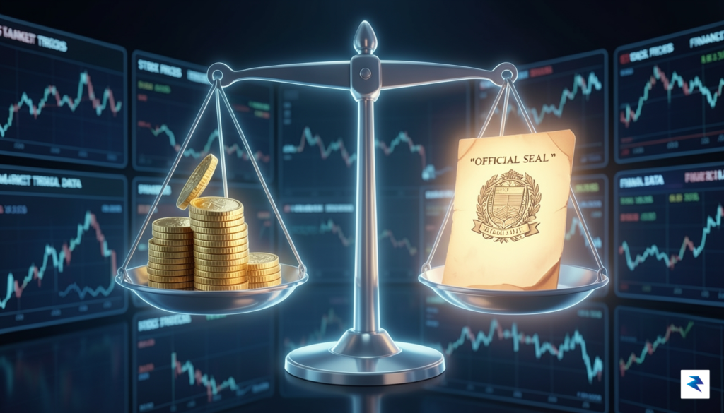 A digital illustration depicting a transparent, glowing balance scale, with…